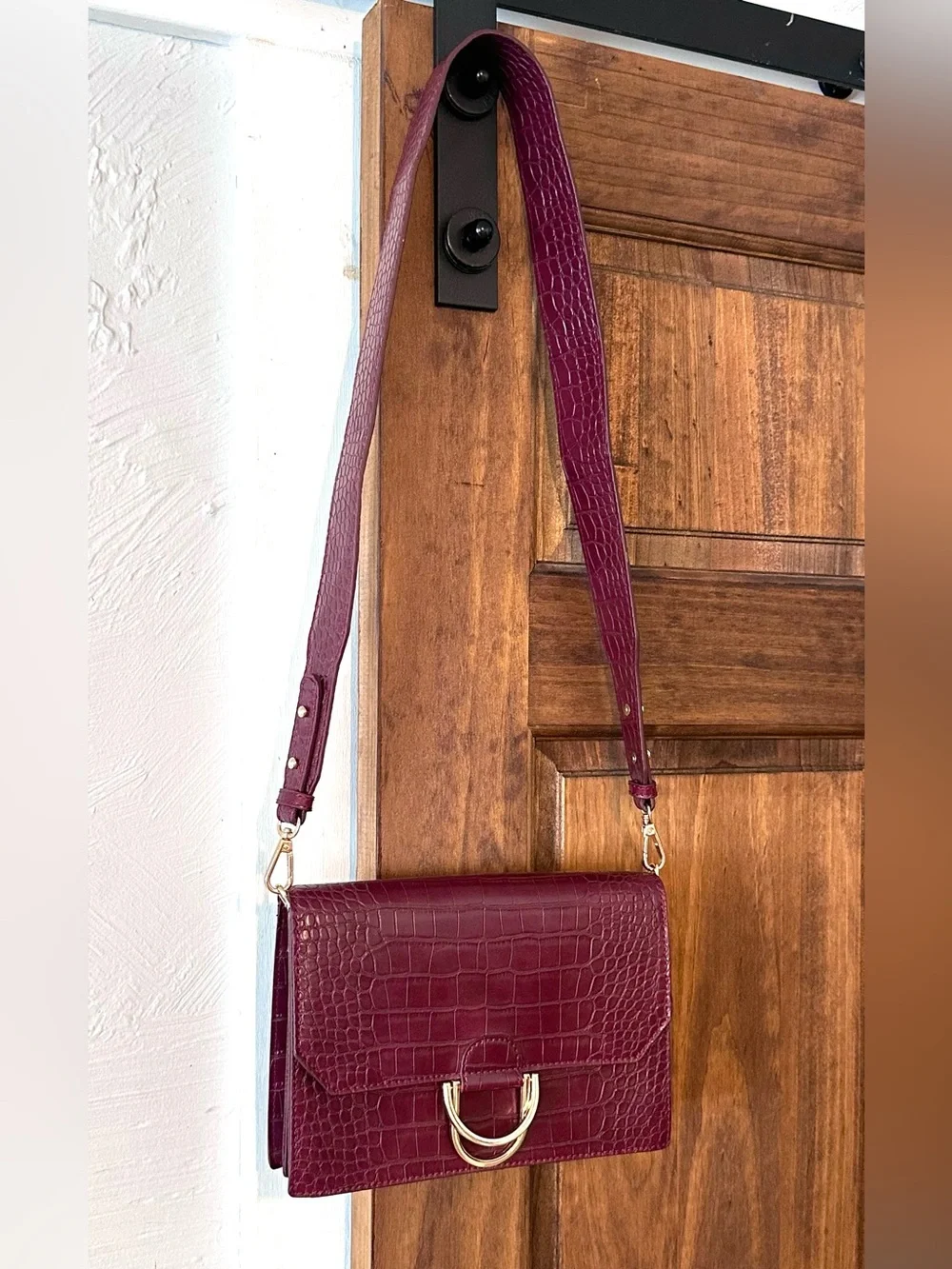 Madison West Croc-Embossed Wine Shoulder Bag with Gold Hardware